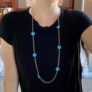 Gold Link and Turquoise Flower Long Necklace